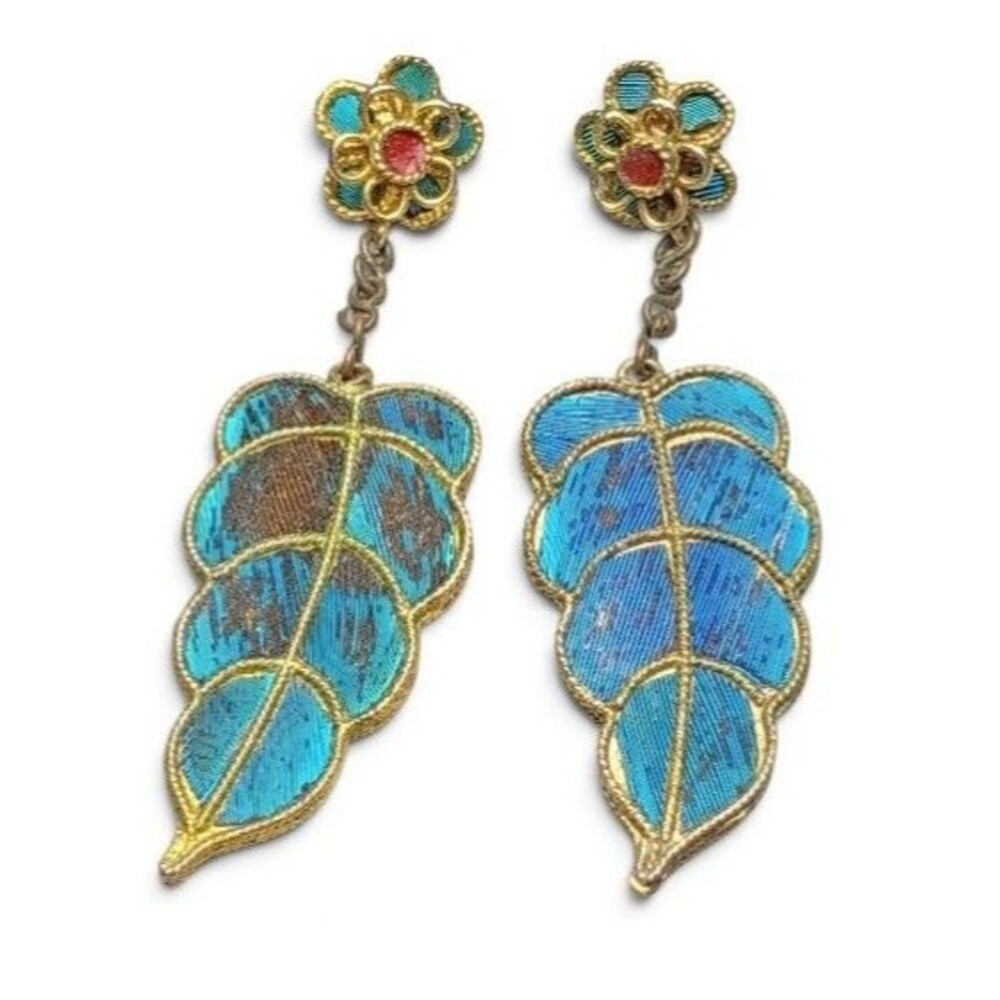 Vintage Kingfisher Blue Feather Dangle Earrings - Picture 10 of 12
